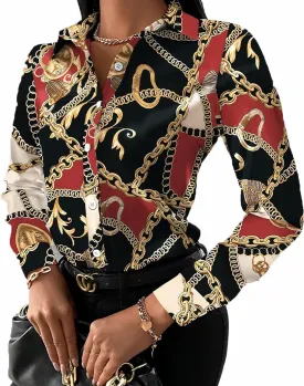 Women's Buchona Blouses Long Sleeve Floral Print Button Down Shirts, Loose Collar Sexy Tops for Everyday & Party Wear