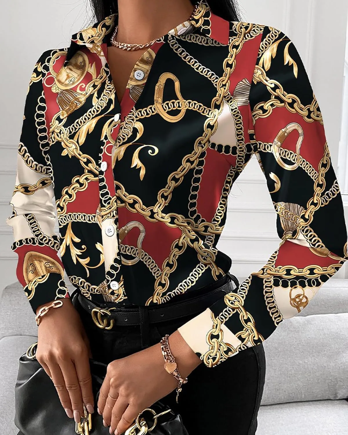 Women's Buchona Blouses Long Sleeve Floral Print Button Down Shirts, Loose Collar Sexy Tops for Everyday & Party Wear