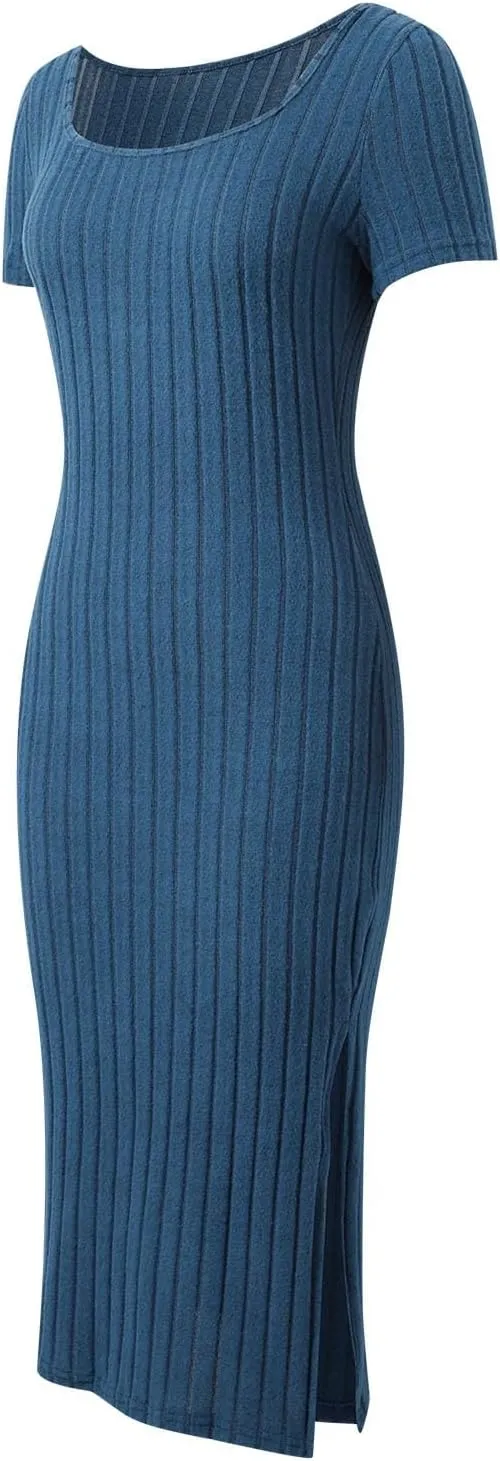 Women's Casual Square Neck Ribbed Maxi Dress Stretchy Summer Long Bodycon Knit Dress with Side Slit for Daily