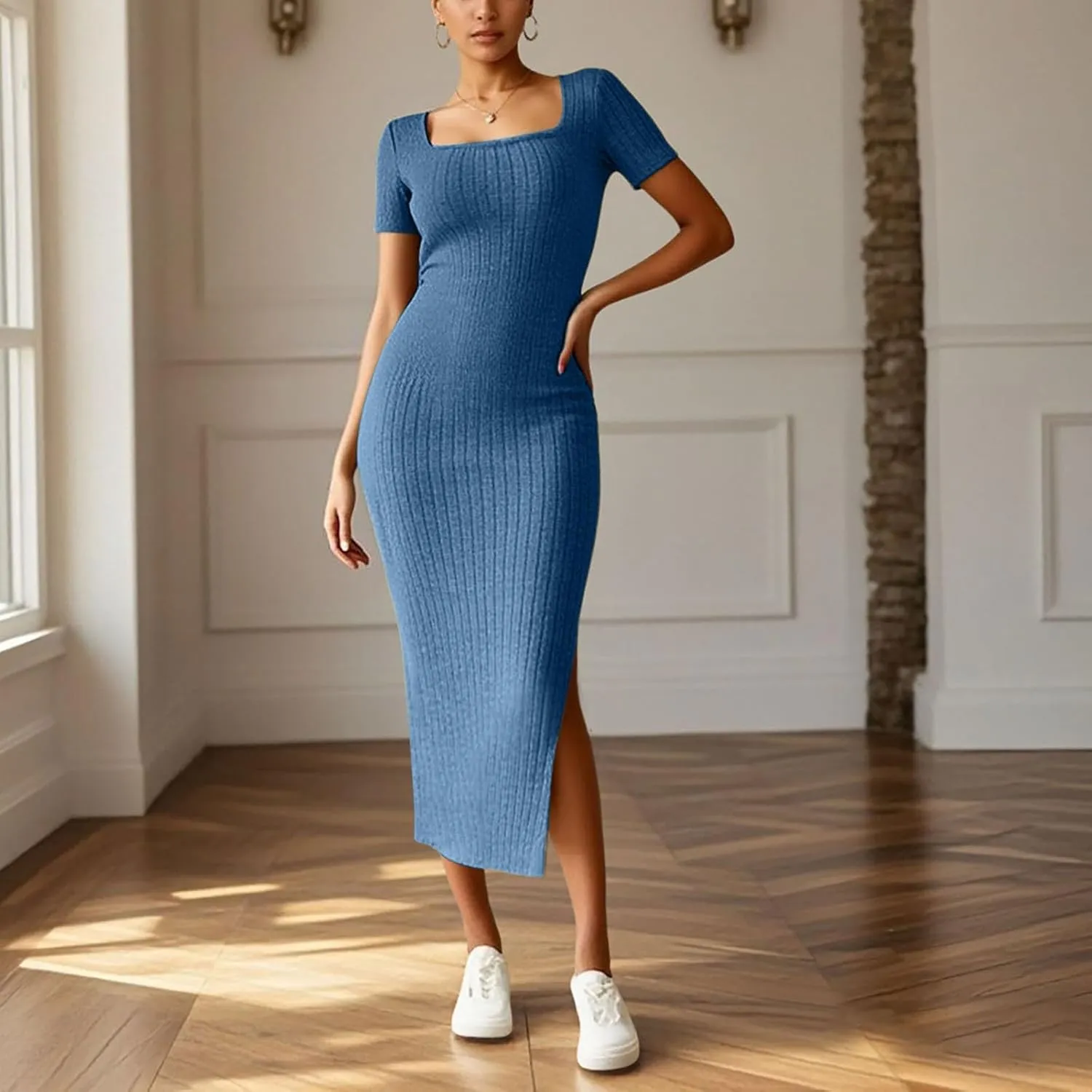 Women's Casual Square Neck Ribbed Maxi Dress Stretchy Summer Long Bodycon Knit Dress with Side Slit for Daily