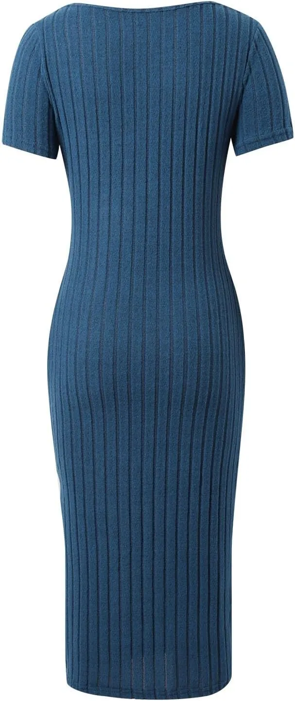 Women's Casual Square Neck Ribbed Maxi Dress Stretchy Summer Long Bodycon Knit Dress with Side Slit for Daily