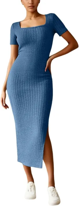 Women's Casual Square Neck Ribbed Maxi Dress Stretchy Summer Long Bodycon Knit Dress with Side Slit for Daily