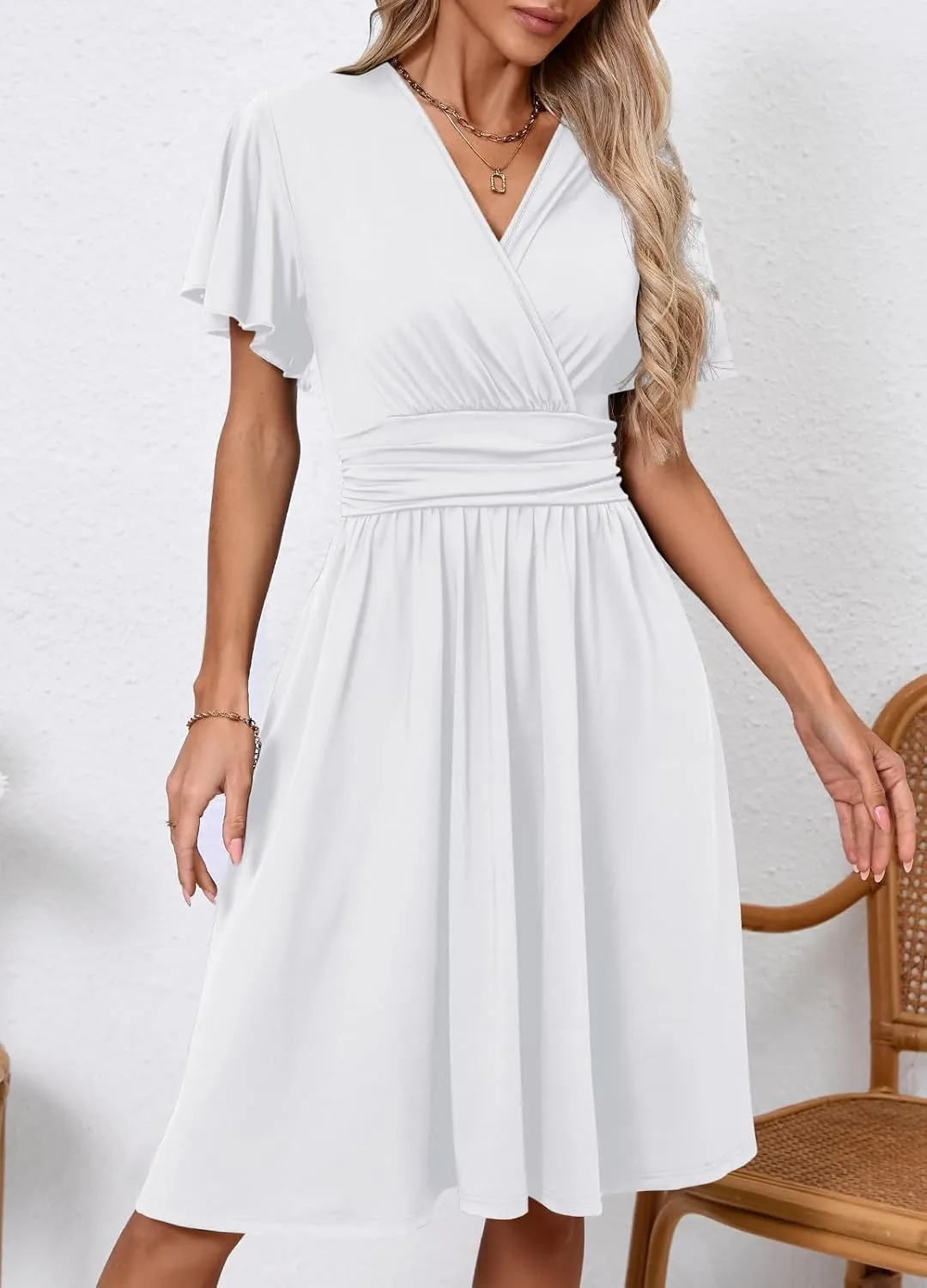 Women's Casual Summer Dress V Neck Short Sleeve Flowy Stretchy Comfort Fit for Daily Wear Work Midi Dresses