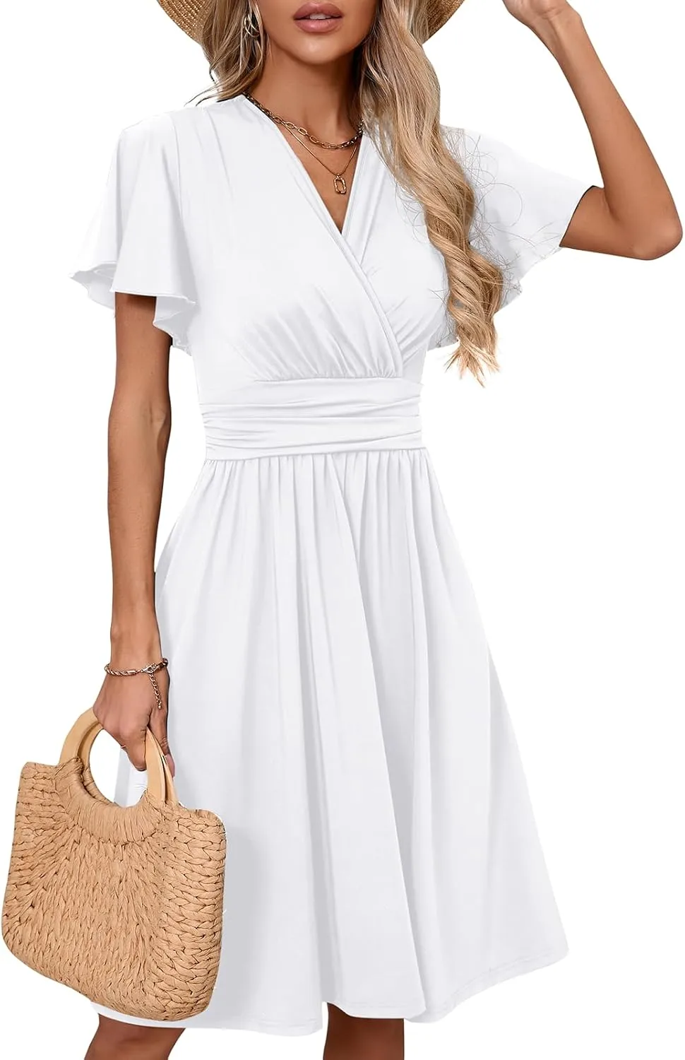 Women's Casual Summer Dress V Neck Short Sleeve Flowy Stretchy Comfort Fit for Daily Wear Work Midi Dresses