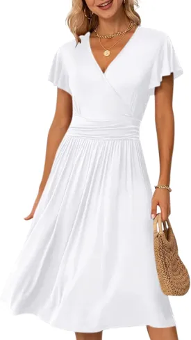 Women's Casual Summer Dress V Neck Short Sleeve Flowy Stretchy Comfort Fit for Daily Wear Work Midi Dresses