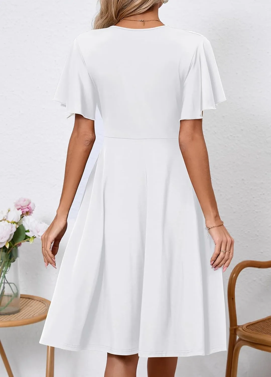 Women's Casual Summer Dress V Neck Short Sleeve Flowy Stretchy Comfort Fit for Daily Wear Work Midi Dresses
