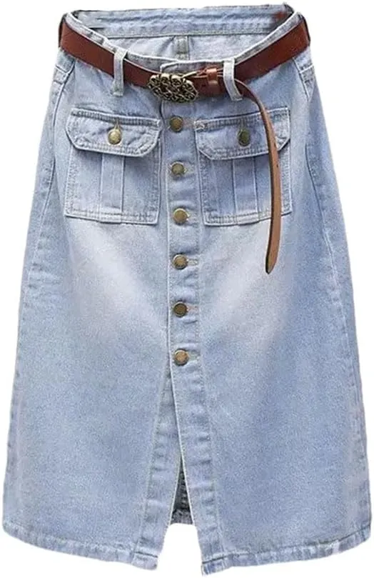 Women's High Waist Denim Pencil Skirt Sheath Midi Skirt with Front Slit Single-Breasted Button for Spring Autumn