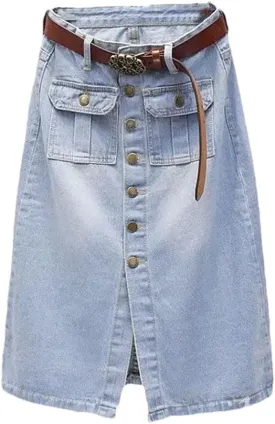 Women's High Waist Denim Pencil Skirt Sheath Midi Skirt with Front Slit Single-Breasted Button for Spring Autumn