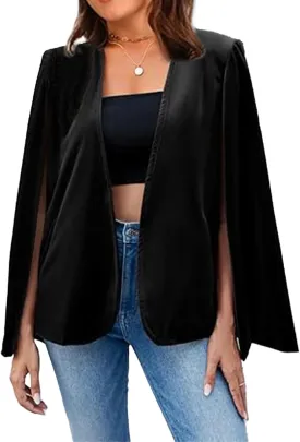 Womens Velvet Cape Blazer Split Sleeve Open Front Casual Jacket Coat Workwear