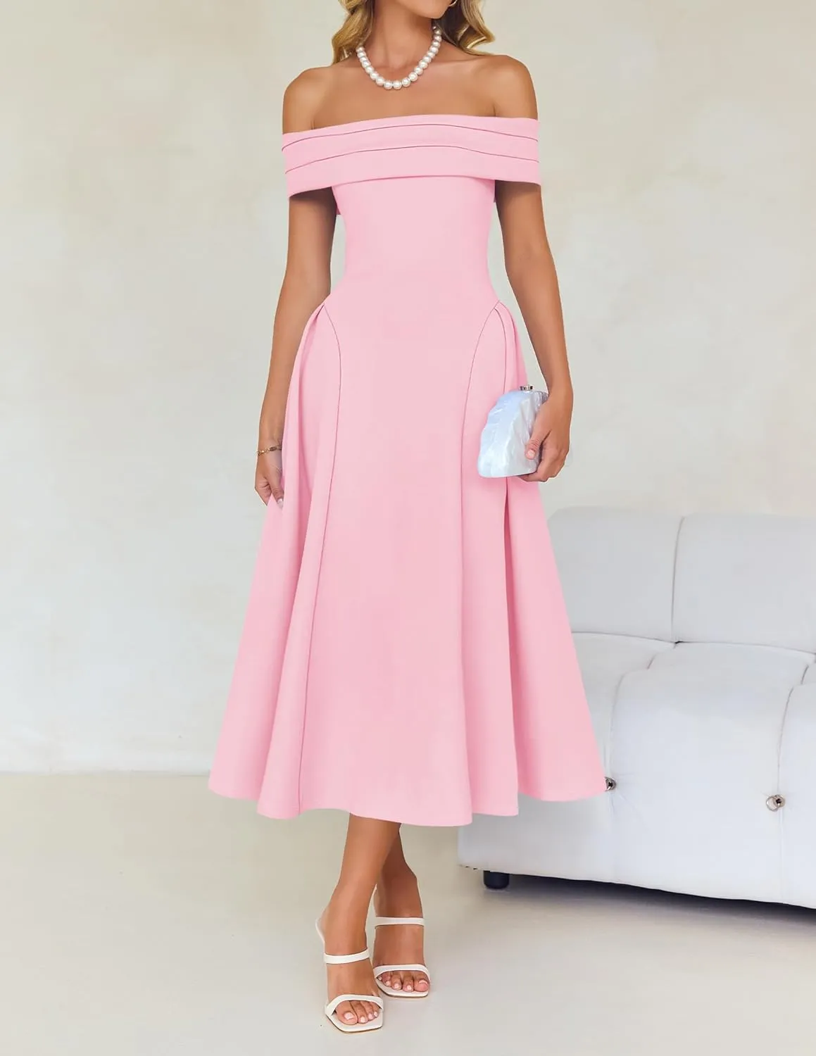 ZESICA Cocktail Dresses for Women's Elegant Off Shoulder Short Sleeve Swing A Line Wedding Evening Party Midi Dress