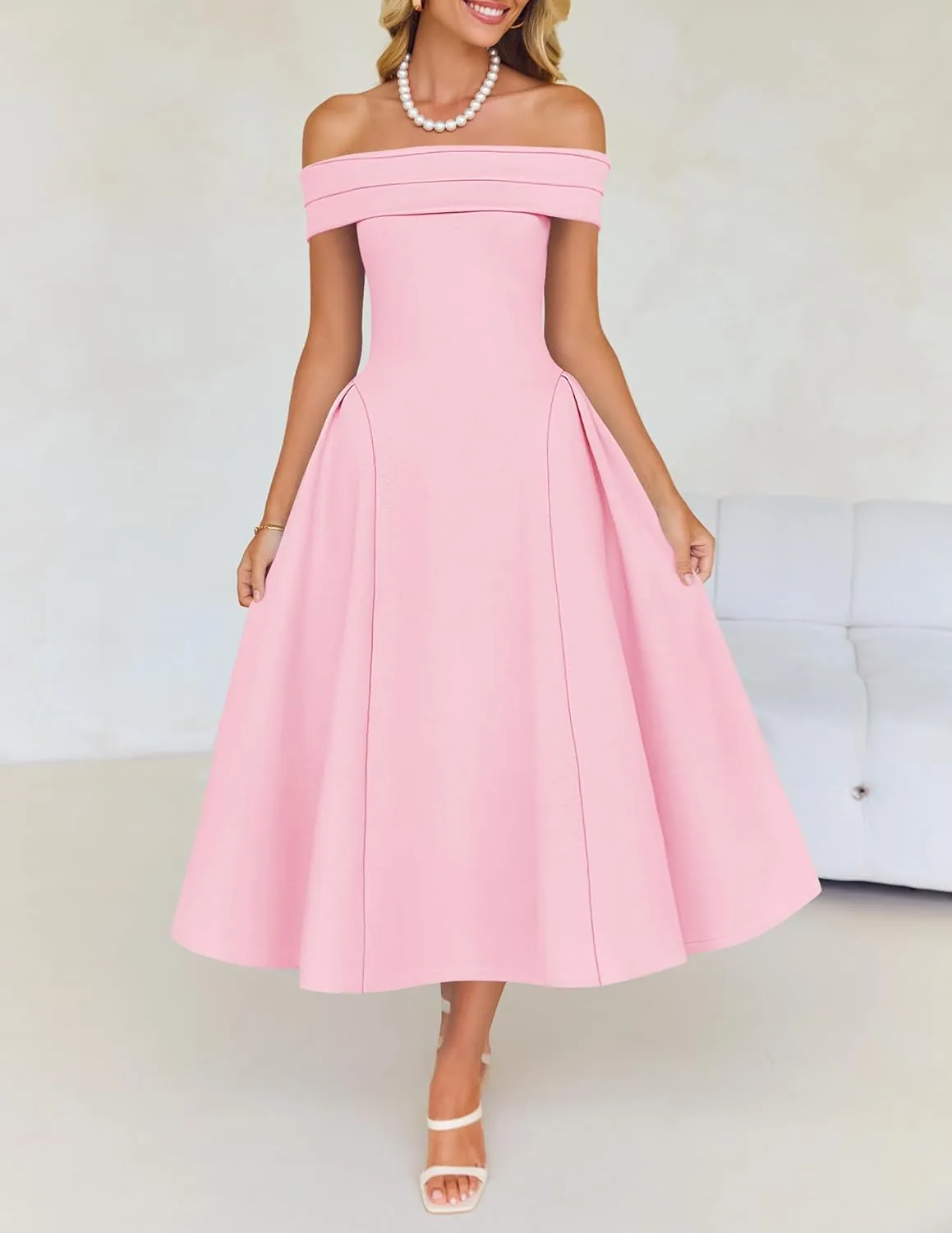 ZESICA Cocktail Dresses for Women's Elegant Off Shoulder Short Sleeve Swing A Line Wedding Evening Party Midi Dress