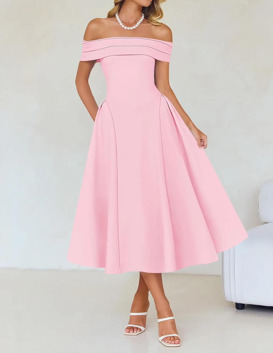 ZESICA Cocktail Dresses for Women's Elegant Off Shoulder Short Sleeve Swing A Line Wedding Evening Party Midi Dress
