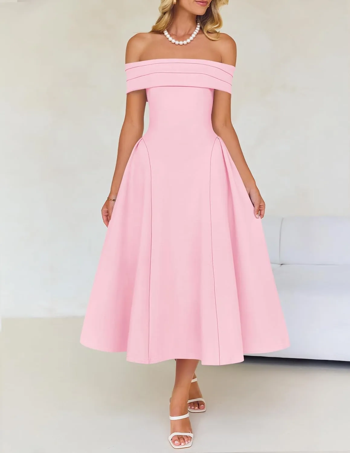 ZESICA Cocktail Dresses for Women's Elegant Off Shoulder Short Sleeve Swing A Line Wedding Evening Party Midi Dress