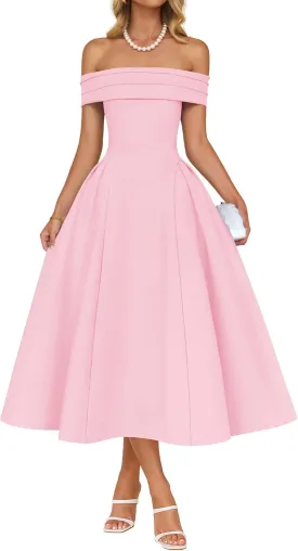ZESICA Cocktail Dresses for Women's Elegant Off Shoulder Short Sleeve Swing A Line Wedding Evening Party Midi Dress